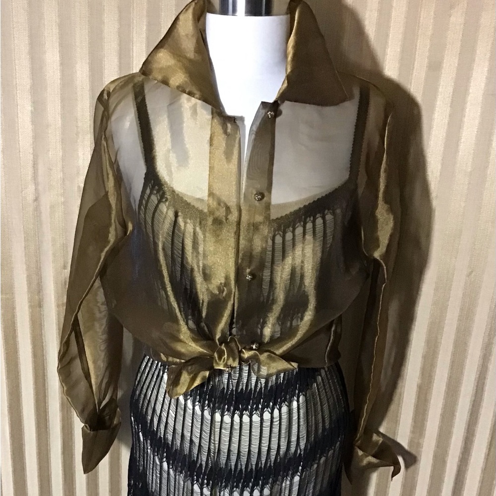 Sheer Metallic Gold Button-Up Blouse - Picture 2 of 6